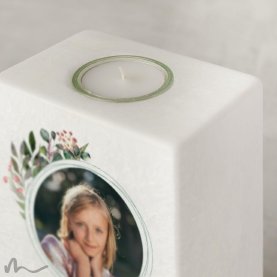 Kommunionkerze Blätterprint 10 x 20 cm mit Foto