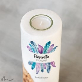 Konfirmationskerze Holzelement Federn Ø8 x 20 cm