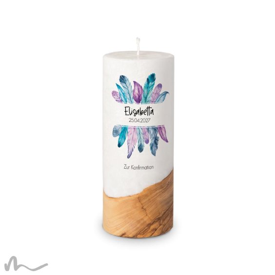 Konfirmationskerze Holzelement Docht Federn Ø8 x 20 cm