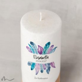 Konfirmationskerze Holzelement Docht Federn Ø8 x 20 cm