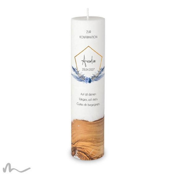 Konfirmationskerze Holzelement Docht Boho Chic Ø6 x 25 cm