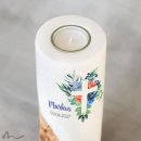 Kommunionkerze Holzelement Florales Kreuz Blau Ø8 x 20 cm