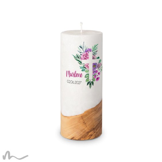 Kommunionkerze Holzelement Docht Florales Kreuz Ø8 x 20 cm