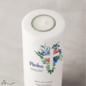 Kommunionkerze Florales Kreuz Blau Ø8 x 20 cm