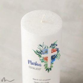 Kommunionkerze Docht Florales Kreuz Blau Ø8 x 20 cm