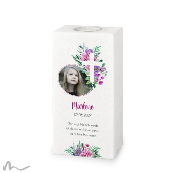 Kommunionkerze Florales Kreuz 10 x 20 cm mit Foto
