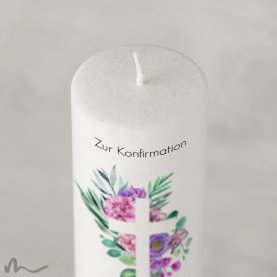 Konfirmationskerze Holzelement Docht Florales Kreuz Ø6 x 25 cm