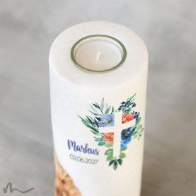 Konfirmationskerze Holzelement Florales Kreuz Blau Ø8 x 20 cm