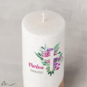 Konfirmationskerze Holzelement Docht Florales Kreuz Ø8 x 20 cm