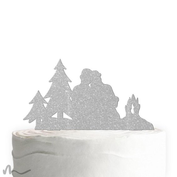 Cake Topper Paar am Lagerfeuer Silber Glitzer