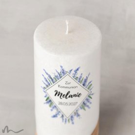 Kommunionkerze Holzelement Docht Lavendelduft Ø8 x 20 cm