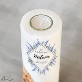 Konfirmationskerze Holzelement Lavendelduft Ø8 x 20 cm