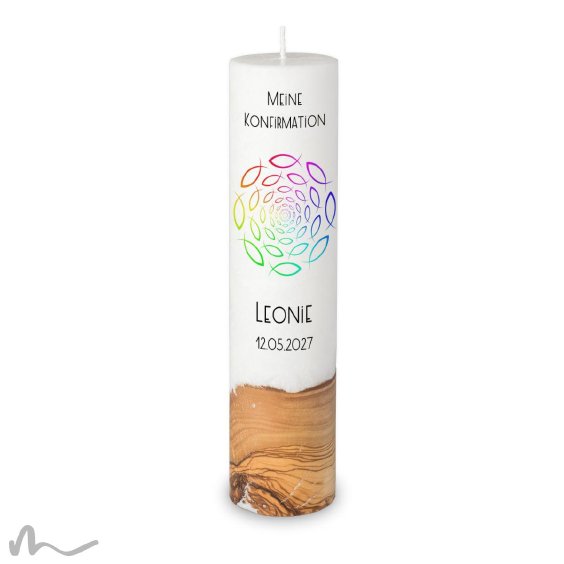 Konfirmationskerze Holzelement Docht Regenbogenfische Ø6 x 25 cm