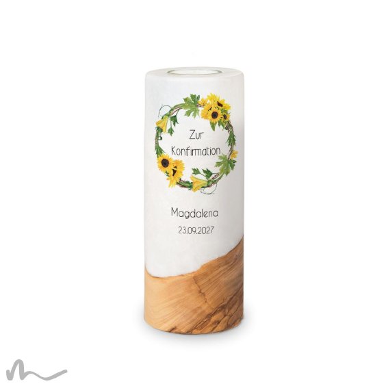 Konfirmationskerze Holzelement Sonnenblumen Ø8 x 20 cm