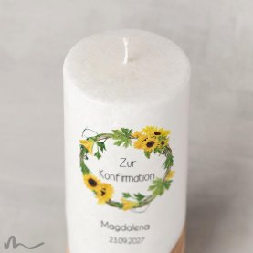 Konfirmationskerze Holzelement Docht Sonnenblumen Ø8 x 20 cm