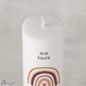 Taufkerze Holzelement Docht Regenbogen Erdtöne Ø6 x 25 cm