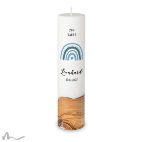 Taufkerze Holzelement Docht Regenbogen Blautöne Ø6 x 25 cm
