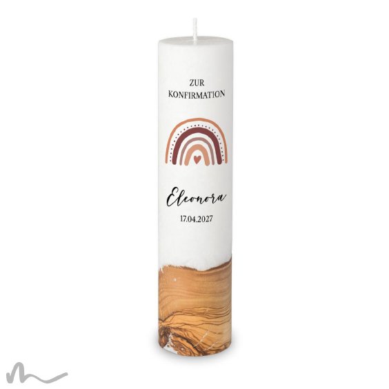 Konfirmationskerze Holzelement Docht Regenbogen Erdtöne Ø6 x 25 cm