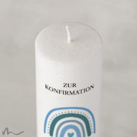 Konfirmationskerze Holzelement Docht Regenbogen Blautöne Ø6 x 25 cm