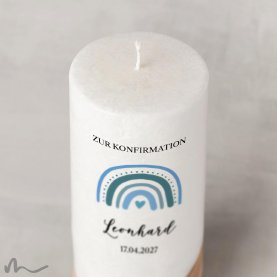 Konfirmationskerze Holzelement Docht Regenbogen Blautöne Ø8 x 20 cm