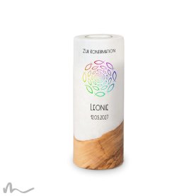 Konfirmationskerze Holzelement Regenbogenfische Ø8 x 20 cm