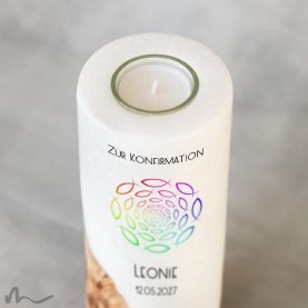 Konfirmationskerze Holzelement Regenbogenfische Ø8 x 20 cm