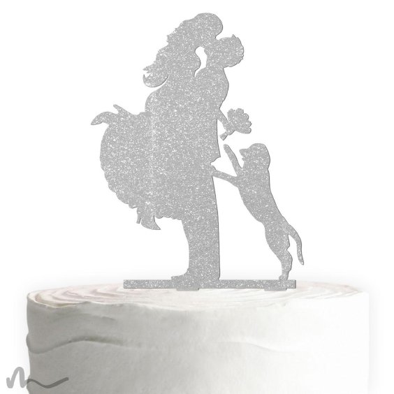 Cake Topper Sprung mit Hund Silber Glitzer