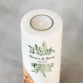 Hochzeitskerze Holzelement Greenery Ø8 x 20 cm