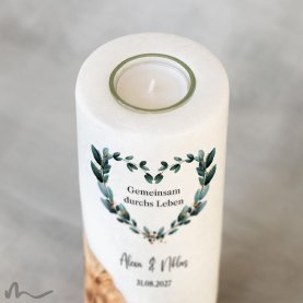 Hochzeitskerze Holzelement Blätterherz Ø8 x 20 cm