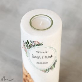 Hochzeitskerze Holzelement Blätterprint Ø8 x 20 cm