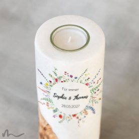 Hochzeitskerze Holzelement Wiesenblumen Ø8 x 20 cm