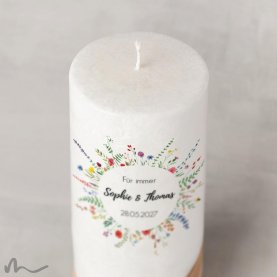 Hochzeitskerze Holzelement Docht Wiesenblumen Ø8 x 20 cm