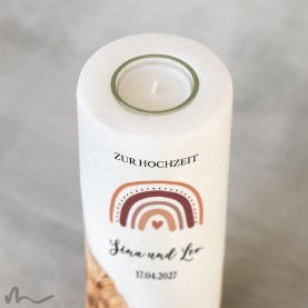 Hochzeitskerze Holzelement Regenbogen Erdtöne Ø8 x 20 cm