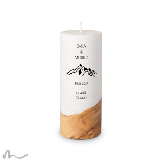 Hochzeitskerze Holzelement Docht Bergleidenschaft Ø8 x 20 cm
