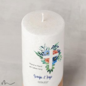Hochzeitskerze Holzelement Docht Florales Kreuz Blau Ø8 x 20 cm