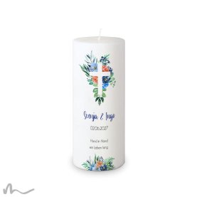 Hochzeitskerze Docht Florales Kreuz Blau Ø8 x 20 cm