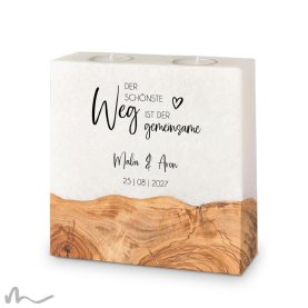 Hochzeitskerze breites Holzelement Gemeinsamer Weg 20 x 20 cm