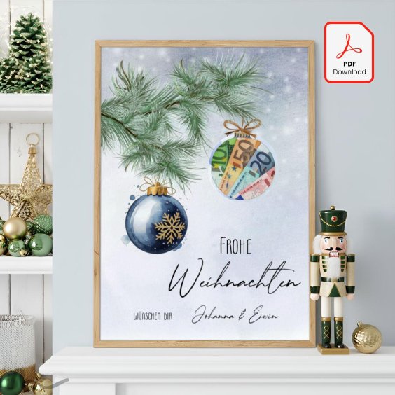 Geldgeschenk Poster Frohe Weihnachten Kugel Blau