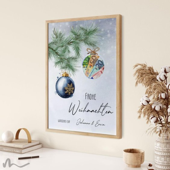 Geldgeschenk Poster Frohe Weihnachten Kugel Blau
