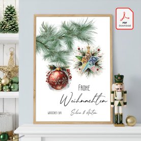 Geldgeschenk Poster Frohe Weihnachten Stern Kugel Rot