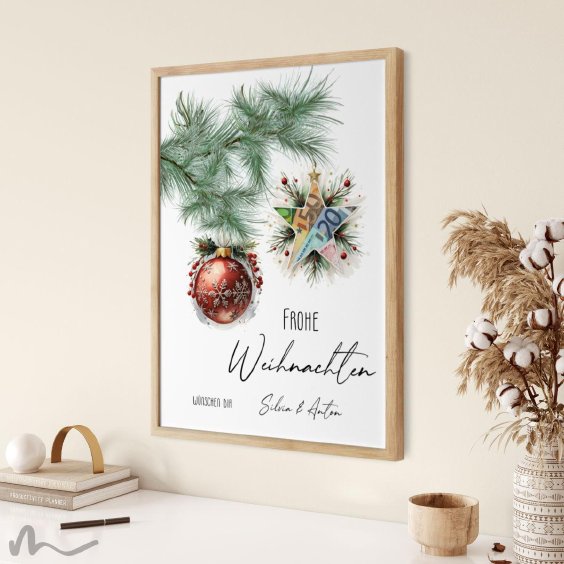 Geldgeschenk Poster Frohe Weihnachten Stern Kugel Rot