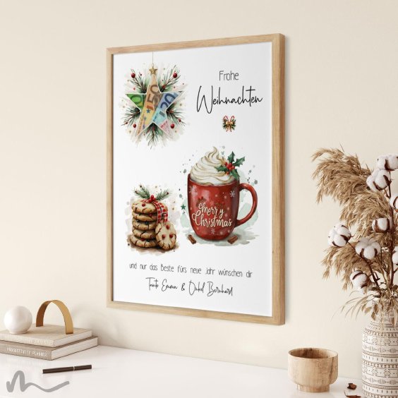 Geldgeschenk Poster Frohe Weihnachten Stern Tasse Kekse