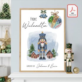 Geldgeschenk Poster Frohe Weihnachten Kugel Blau Nussknacker