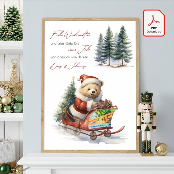 Geldgeschenk Poster Frohe Weihnachten Bär Schlitten