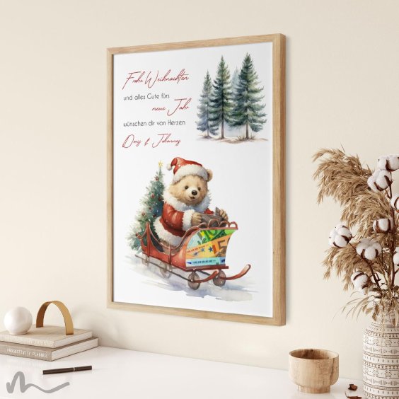 Geldgeschenk Poster Frohe Weihnachten Bär Schlitten