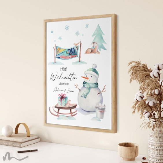 Geldgeschenk Poster Frohe Weihnachten Schneemann Fahne