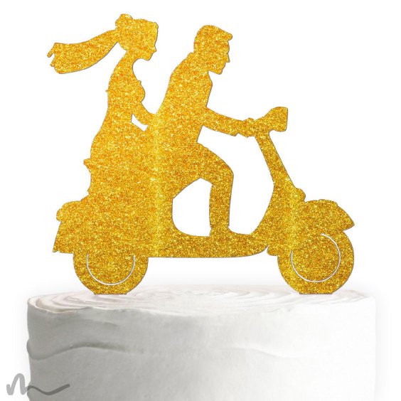 Cake Topper Vespa mit Brautpaar Gold Glitzer