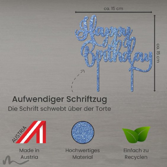 Cake Topper Happy Birthday 3 Blau Glitzer