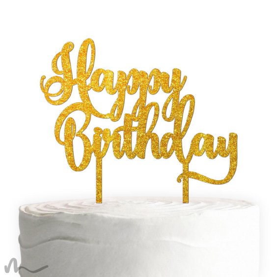 Cake Topper Happy Birthday 3 Gold Glitzer