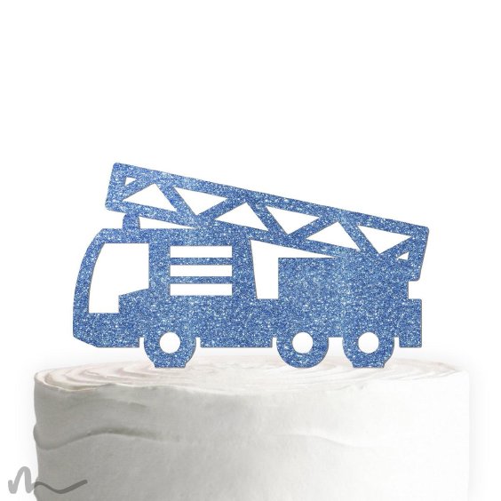 Cake Topper Feuerwehrauto Blau Glitzer